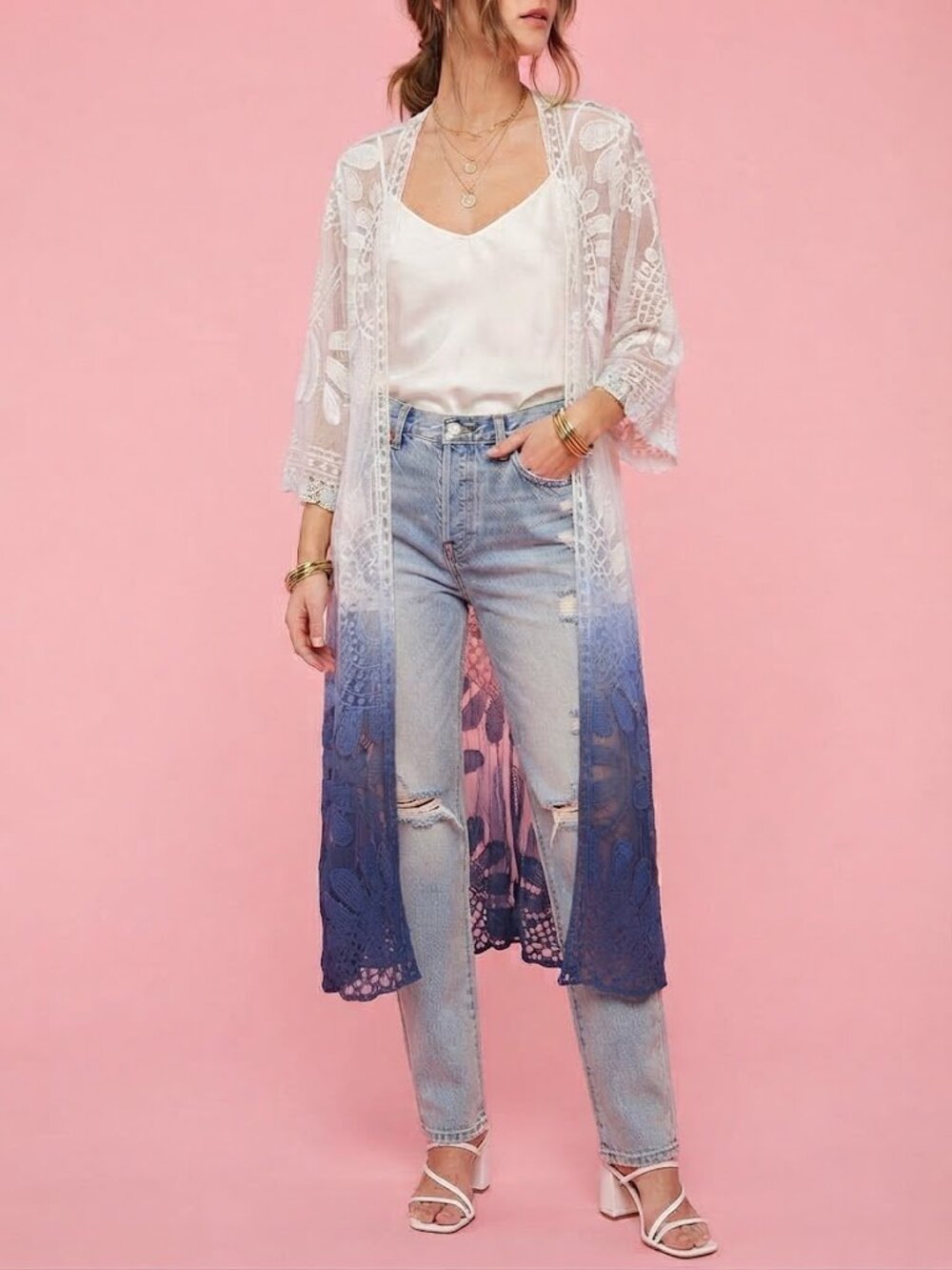Long Sheer Lace Ombre Kimono Cover-Up